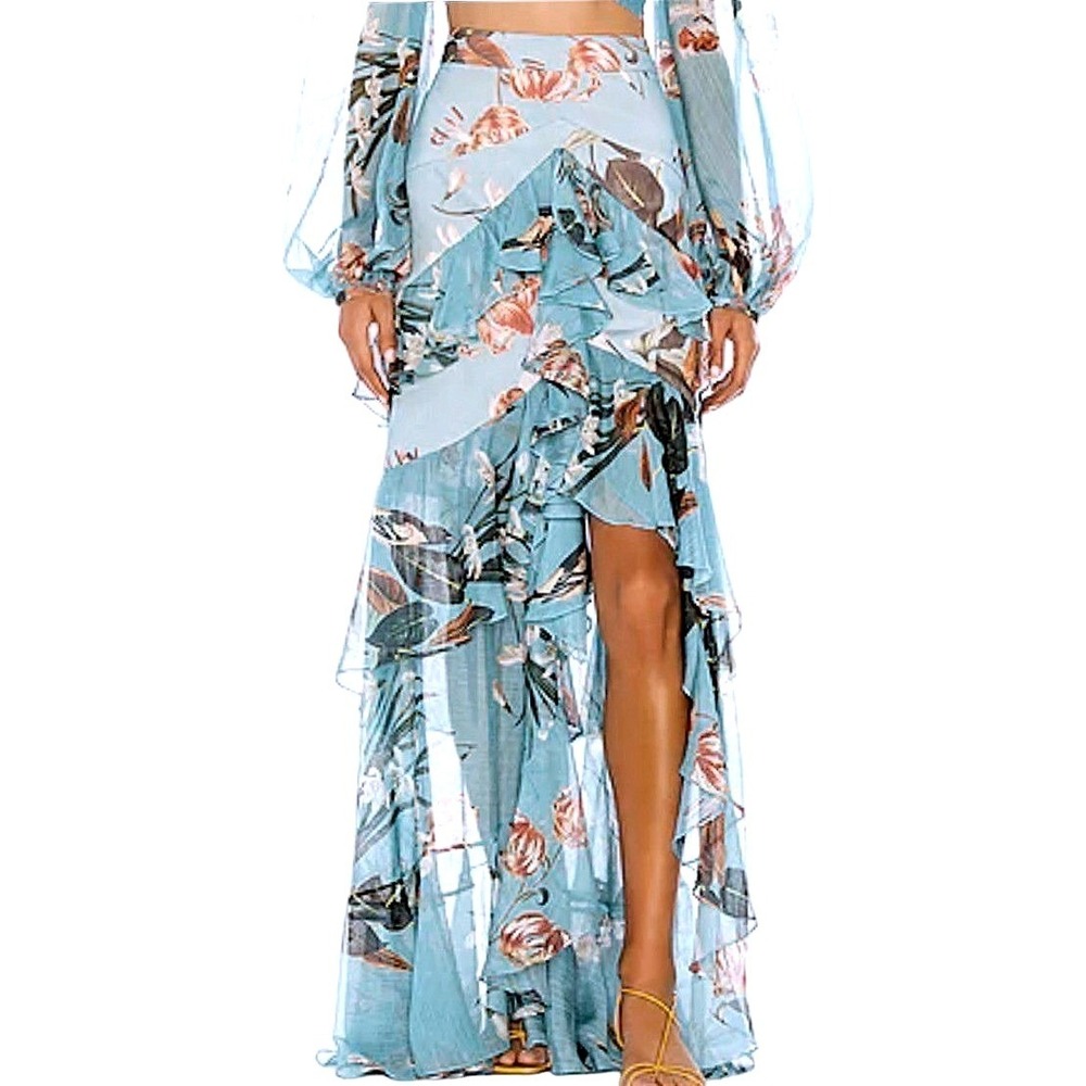 PatBO Carolina Tiered Maxi Skirt in Blue Tropical Bird Floral Ruffle Maxi Size 4